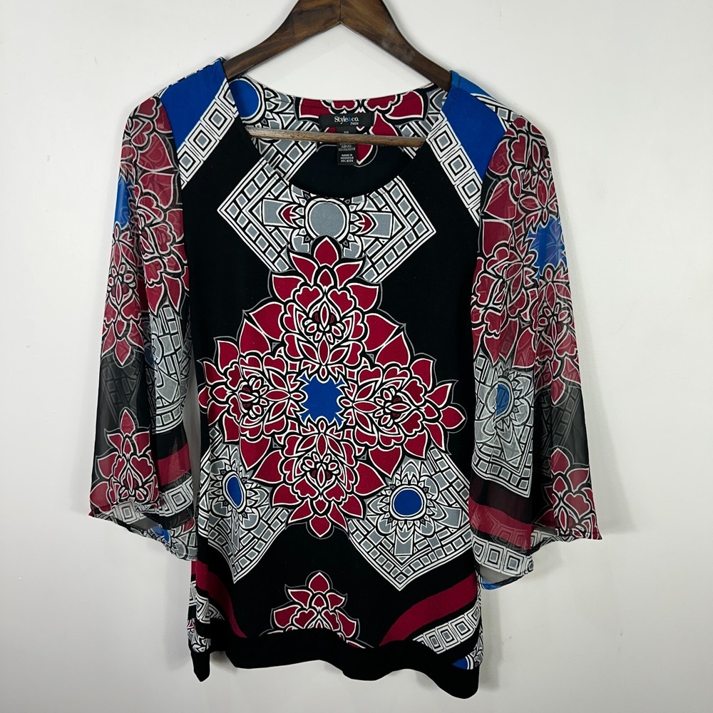 Style & Co Top PP Petite Black Red Medallion P Sheer Sleeve Boho‎ Retro Festival